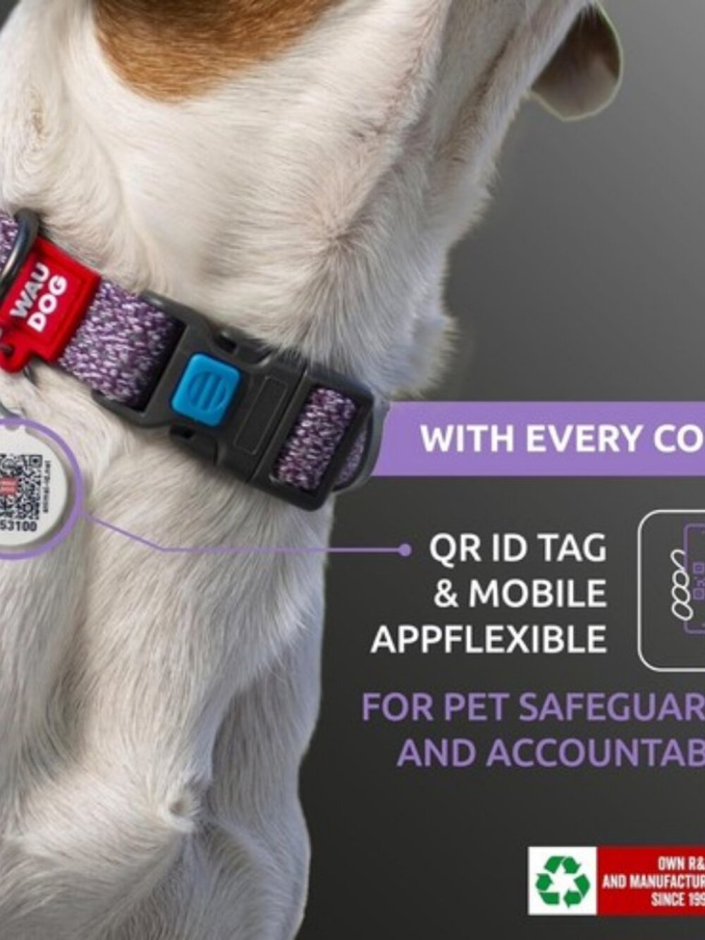 WAUDOG Reflective Cotton Dog Collar Eco Friendly Nylon Collar Small Purple QR ID - Picture 8 of 12